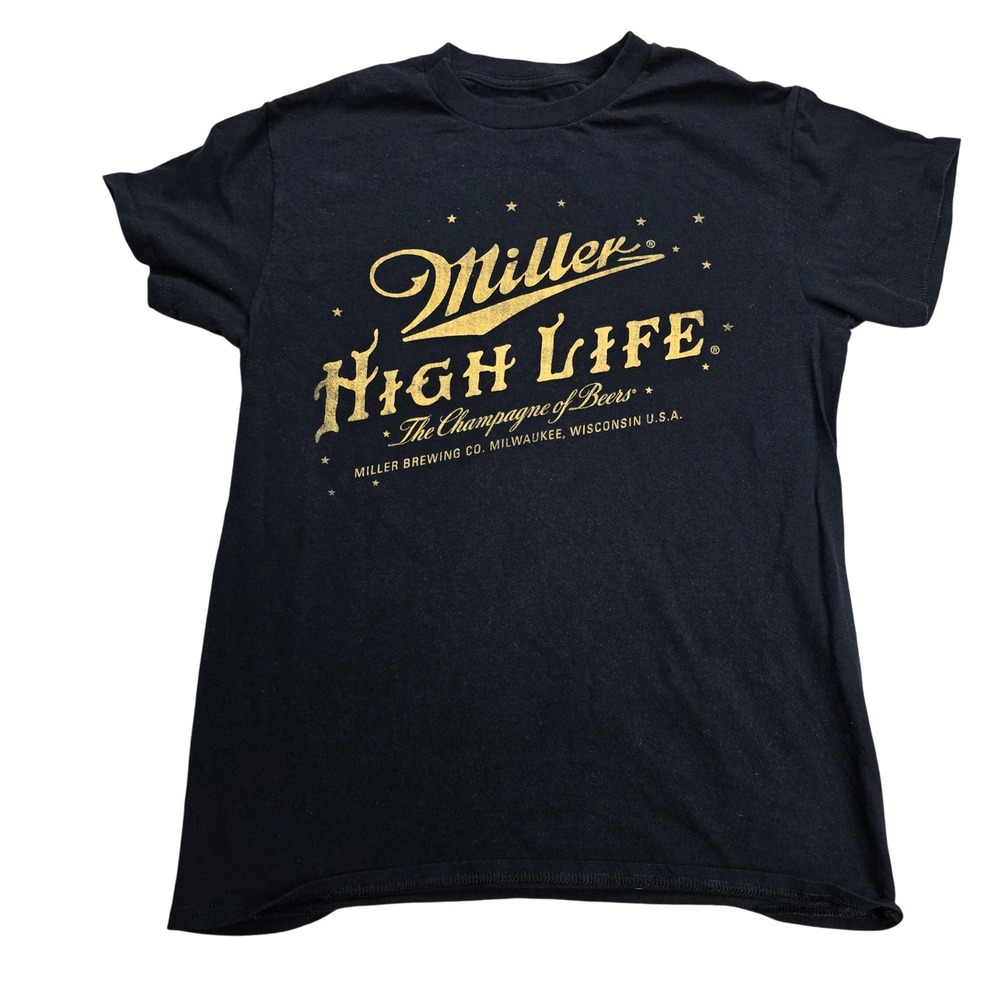 Miller High Life T-Shirt Mens Small Black Gold Champagne of Beers Good Graphic